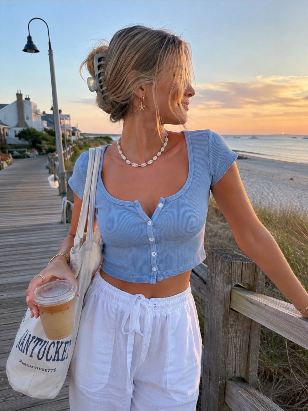 Brandy Melville Blue Zelly Crop Top Ribbed Button Down Baby Tee One Size